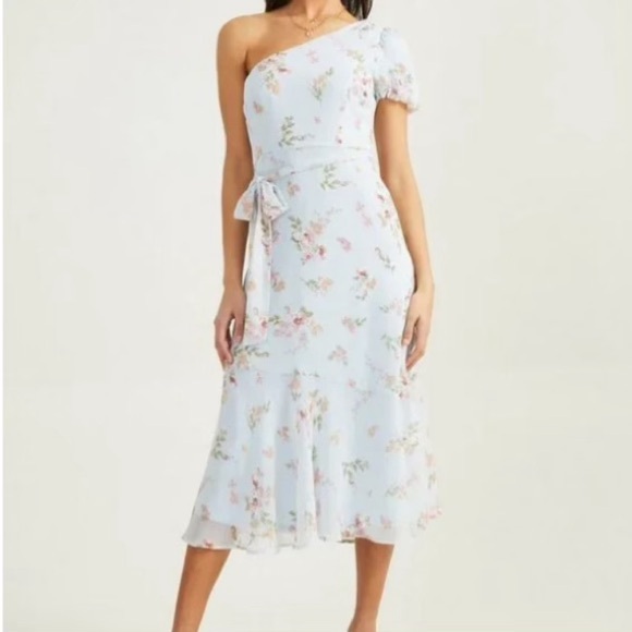 Altar'd State Size XS Blue Floral One Shoulder Puff Sleeve Belted Midi Dress - Picture 3 of 7